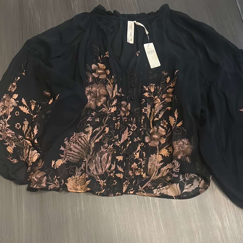Anthropologie Black and Gold Ruffled 3/4 Sleeve Blouse